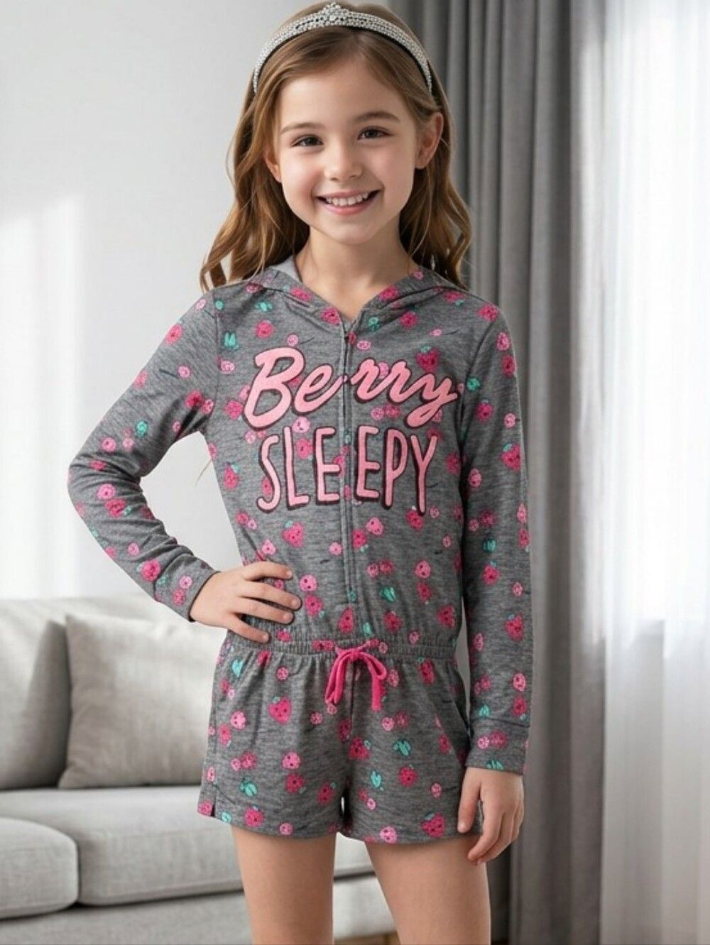 Justice Strawberry Pajama Romper Girls 6 7 Hooded Sleepwear Lounge One Piece Pjs